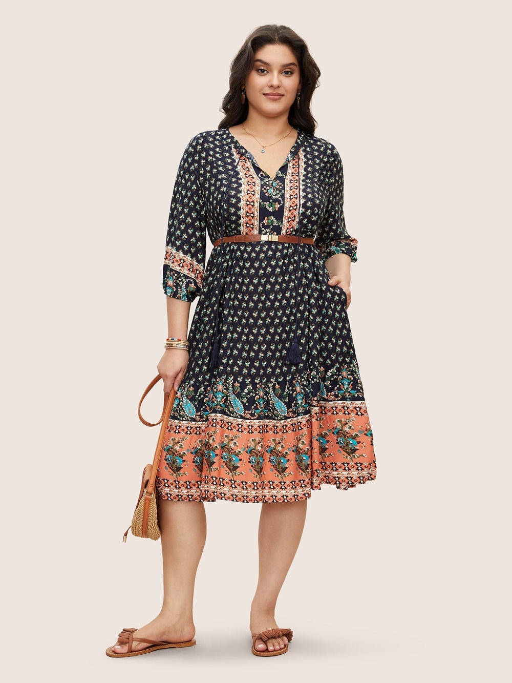BloomChic Size 14-16 Boho Floral Midi Dress Tassel Tie Navy